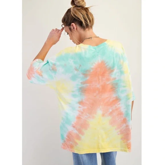 109. NWT Easel Tie-Dye Short Sleeve Tee - Coral, Mint Green, Yellow, White - Picture 3 of 6